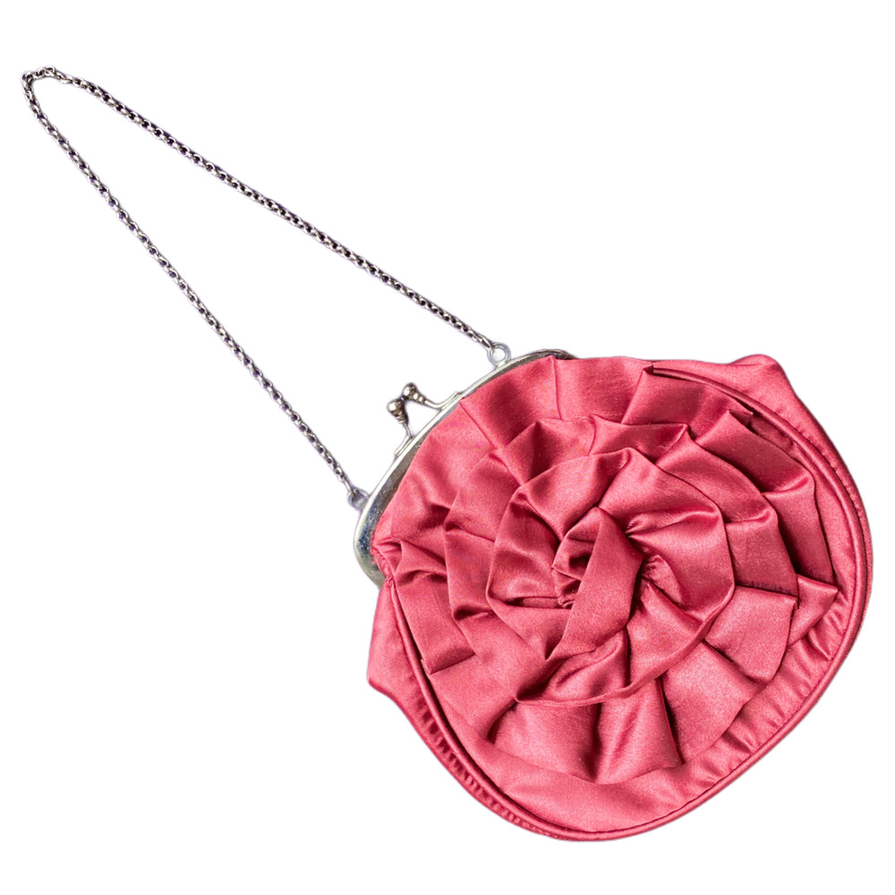 Vintage Coldwater Creek Red Satin Ruffle Purse, Bag with Shoulder Chain
